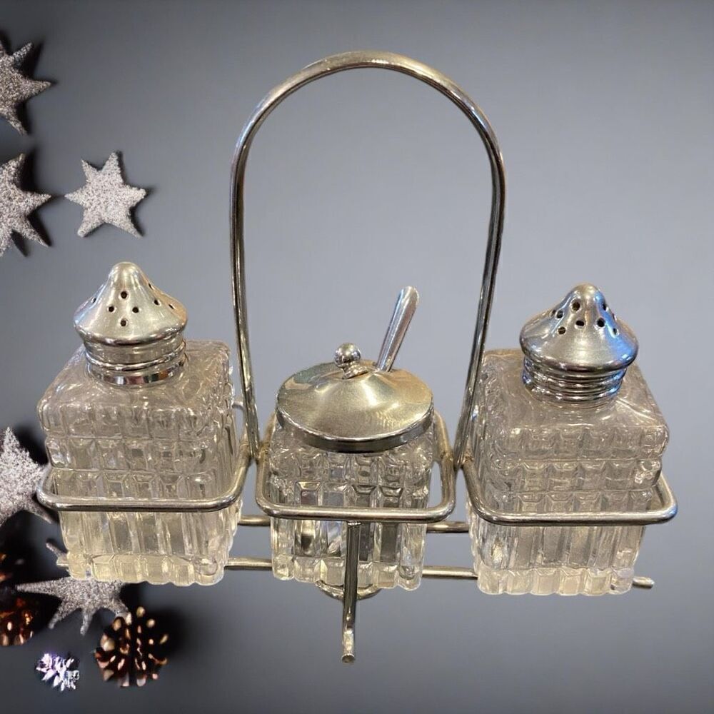 Vintage Condiment Caddy - Salt Pepper Mustard Pot Spoon